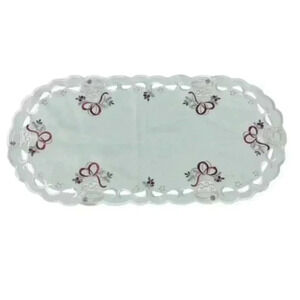 Vintage White Embroidered Christmas Doilie Red, Gold and Green with Bells